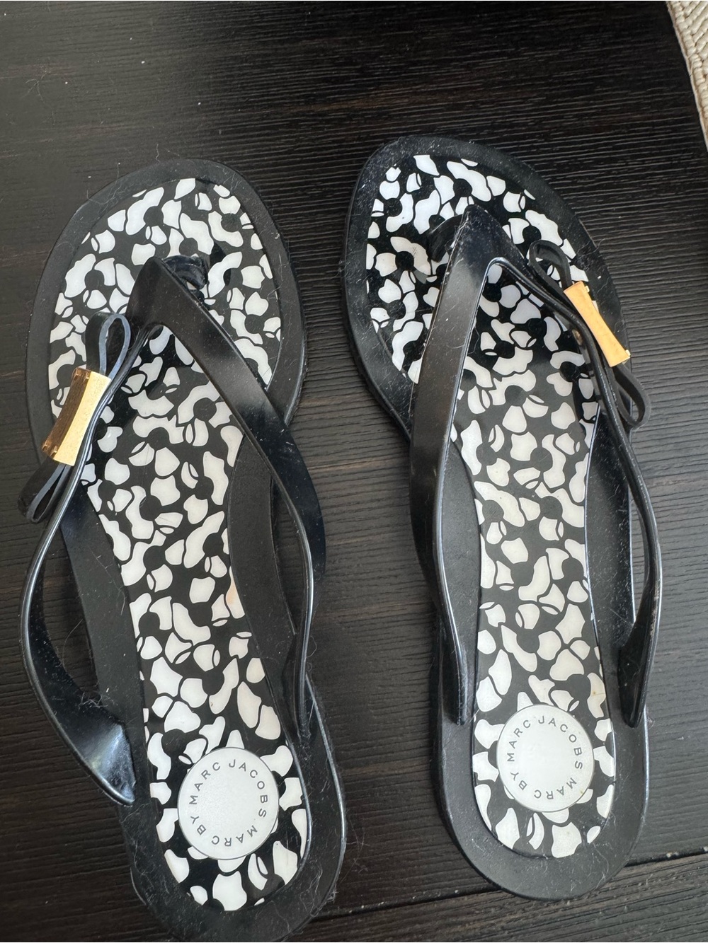 Marc Jacobs Black Bow Jelly Flip Flop Sandals with Gold Accent